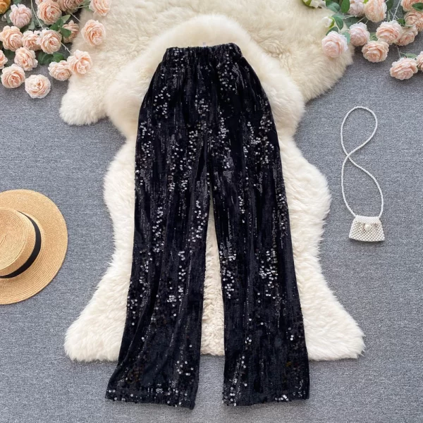 Women Fashion Sequin Long Trousers High Waist Wide Leg Pants Lady Street Wear Casual Pants - Image 3