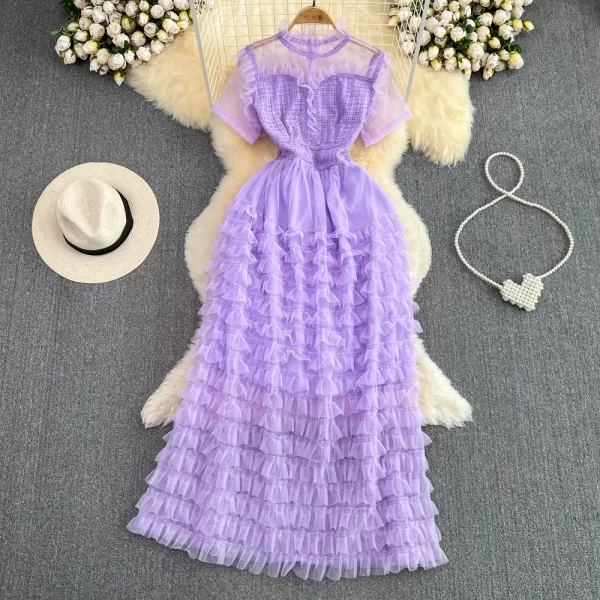 LE2146 Summer Vintage Style Socialite Party Tulle Evening Gown Stand Collar Lace Patchwork A-Line Cake Dress Elegant Long Dress - Image 2