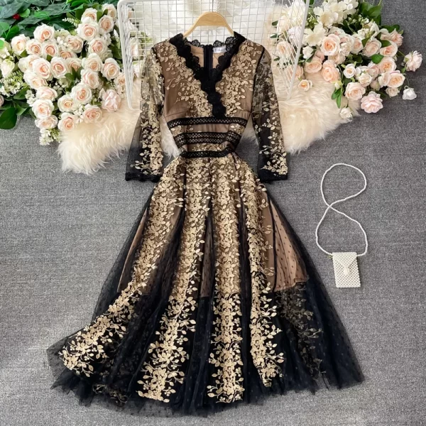 LE2137 Socialite Party Long Dress Women Elegant Embroidery Lace Super Fairy Gauze Dress Flowing Holiday Tulle Evening Dress