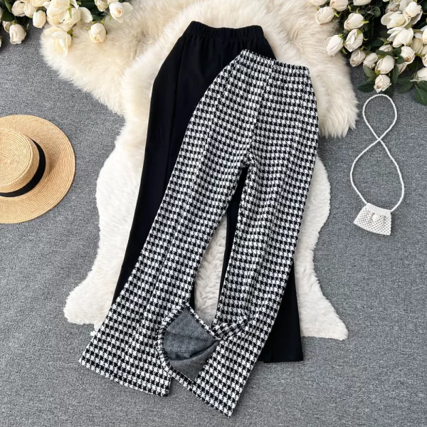 New Arrivals Women Plaid Long Trousers High Waist Slit Flare Pants Lady Casual Wide Leg Pants