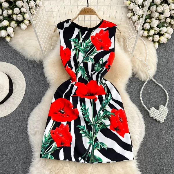 LE1514 Summer Runway Women Elegant Blue and White Porcelain Flower Printing Sleeveless High Waist a Line Tank O Neck Mini Dress - Image 5