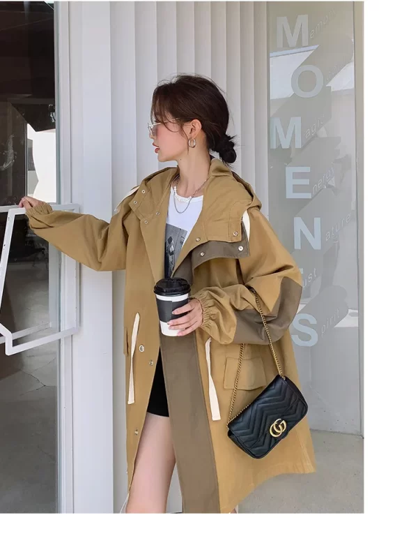 LE4553 Hooded Overalls Trench Coat Female Spring and Autumn Long Small Korean Version Loose Casual Coat - Image 3