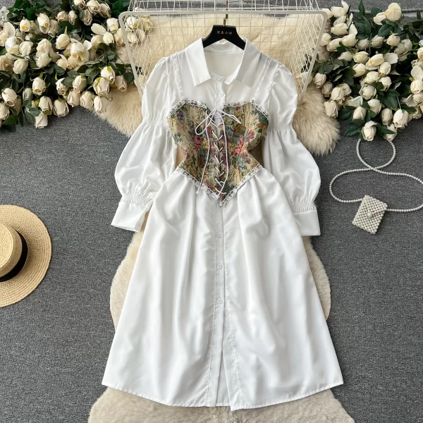 LE2067 French Court Style Bubble Sleeve Single-Breasted Shirt Dress + Halter Print Small Vest Two-Piece Set