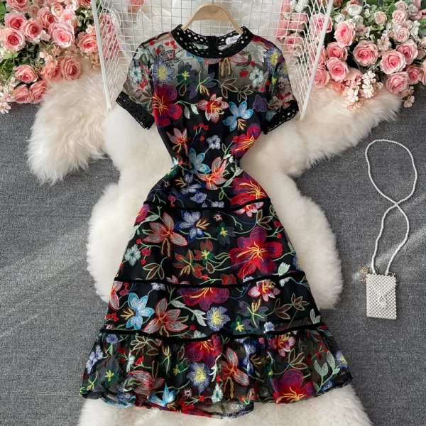 LE2141 Summer Chic Embroidery Women'S Dress Socialite Hollow-Out Pattern Ruffled Gauze Evening Dress Elegant Holiday Midi Dress