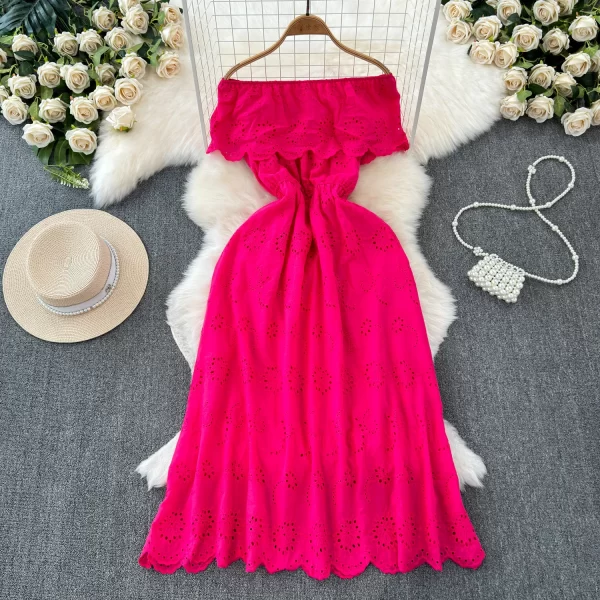 LE2130 Summer Holiday Women'S Casual Dress One-Line Shoulder Ruffled Elastic Waist Midi Dress High-Grade Embroidery Long Dress