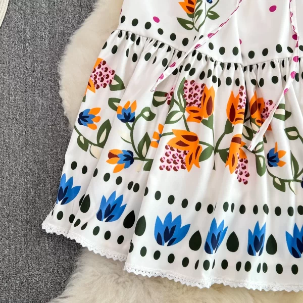 LE1441 Retro Courtly Ethos Bubble Short-Sleeved Crew Neck Lace-Up Party Dress Elastic Waist Slimming Printed A-Line Dress - Image 4