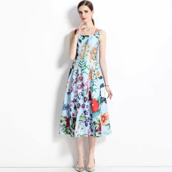 LE1489 Elegant Dress 2025 Women's New Floral Print Wide Shoulder Strap Suspender Backless Beach Holiday Mid-length Dress - Image 5