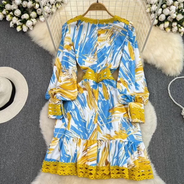 LE1404 Senior Sense Light Luxury Temperament Lantern Long Sleeve Round Neck A-Line Dress Lace Lace Print Boutique Casual Dress - Image 2