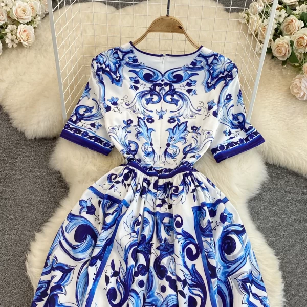 LE1513 Fashion Runway Mayorika Porcelain Flower Print Long Dress Women Short Sleeve O Neck Vintage Beach Party Vestido - Image 3