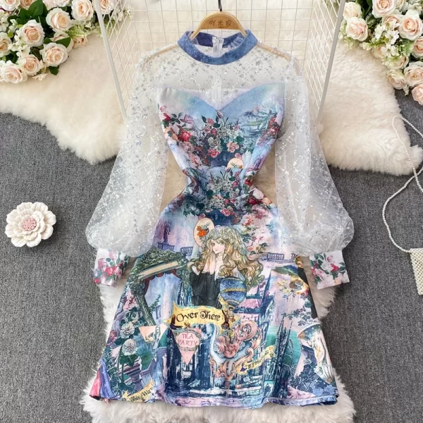 LE2136 Chic Mini Women'S Dress Jacquard Cotton Short Printed Dress Letter Beaded Gold Lace Lantern Sleeve Socialite Party Dress