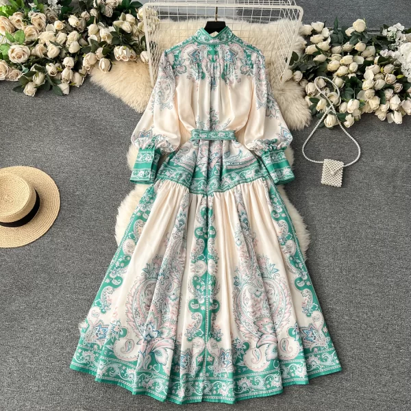 LE1902 Court Style Belted Print Dress Spring Women Design Retro Slim Long French Puffed Sleeve Dress Fashion Women'S Clothes - Image 4