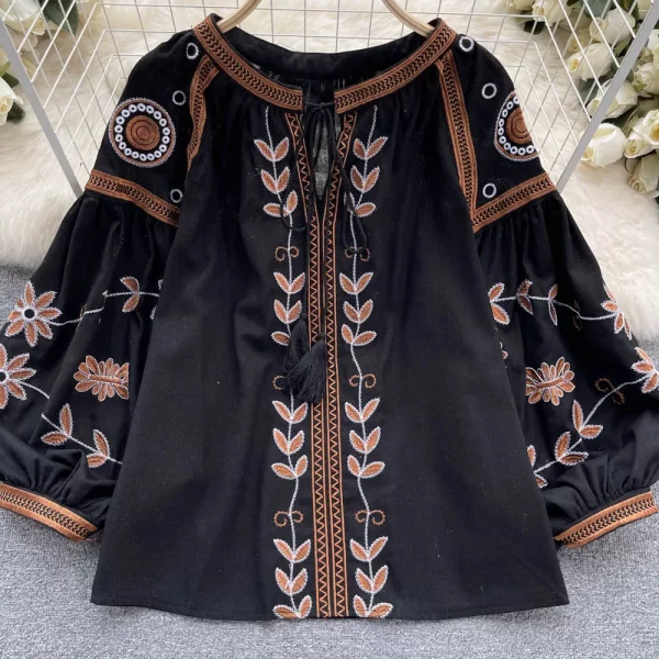 LE4035 Embroidery Shirt Ethnic Style Design Sense Fringe Long Sleeve Loose Tie Round Neck Puffy Sleeve Top for Women - Image 5
