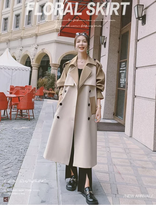 LE4571 Draped Coat Women'S Trench Coat New Spring and Autumn Long Over Knee Splicing Color Contrast Senior Sense Coat - Image 4