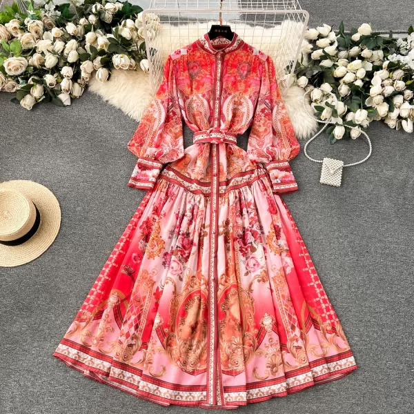 LE1936 European Vintage Court Style Print Dress Spring Office Women Belted Evening Dress Slim Flowing Hemline Long Dress