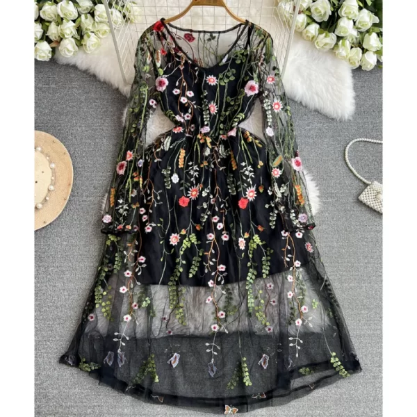LE2128 High-End Heavy Industry Three-Dimensional Embroidery Mesh Dress Women Summer Elegant Holiday Female Midi Dress