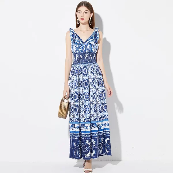 LE2123 Advanced Long Women'S Dress Court Style V-Neck Celadon Maxi Print Dress Elastic Waist  A-Line Elegant Halter Dress - Image 4