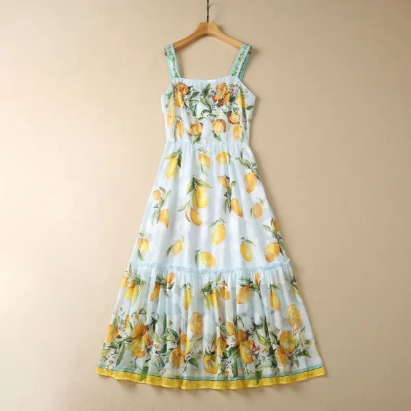 LE1644 2025 Summer New Glitter Silk Burned Diamond Sequin Lemon Print Backless Dress Women'S Vacation Ethereal Halter Dress - Image 2