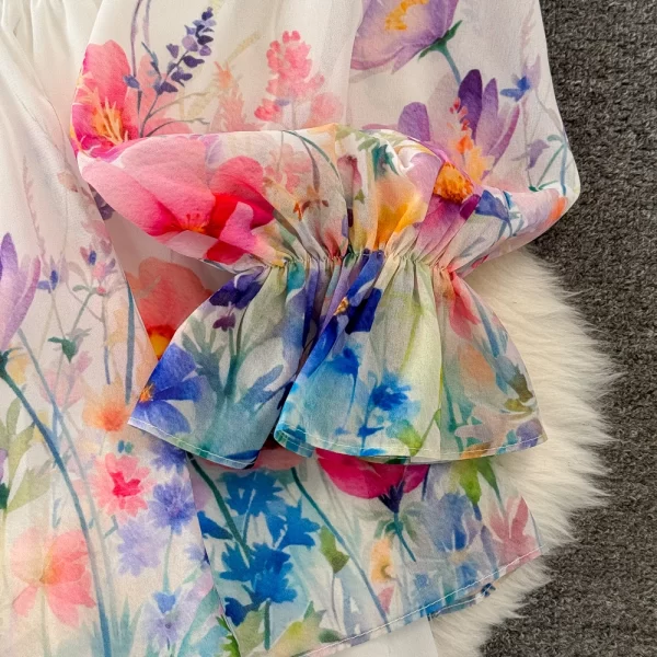 LE1924 Spring Gentle Chiffon Floral Print Dress Vintage Bow Lace-Up Lantern Long Sleeve Cake Dress Holiday Ladies Maxi Dress - Image 4