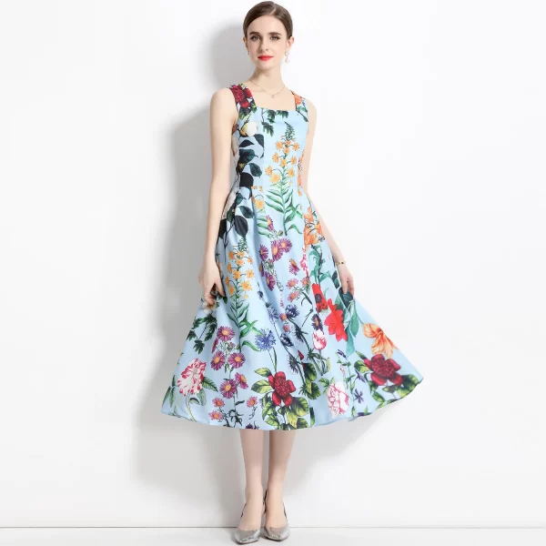 LE1489 Elegant Dress 2025 Women's New Floral Print Wide Shoulder Strap Suspender Backless Beach Holiday Mid-length Dress - Image 4