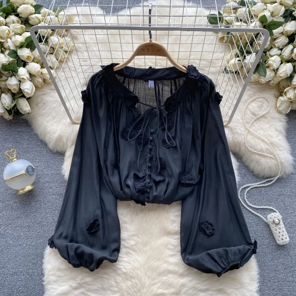 LE4037 Korean Wind Ins Sweet and Gentle Three-Dimensional Flowers Tied up Lantern Sleeve Shirt Female Loose Thin Shirt in Autumn - Image 5