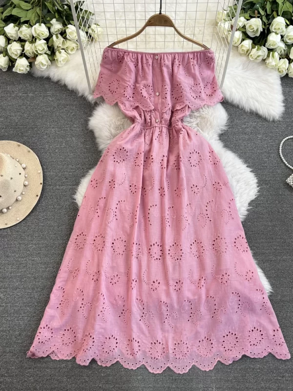 LE2130 Summer Holiday Women'S Casual Dress One-Line Shoulder Ruffled Elastic Waist Midi Dress High-Grade Embroidery Long Dress - Image 5