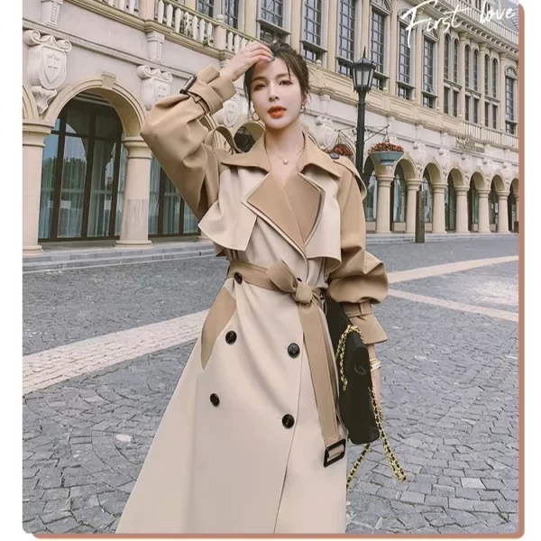 LE4571 Draped Coat Women'S Trench Coat New Spring and Autumn Long Over Knee Splicing Color Contrast Senior Sense Coat