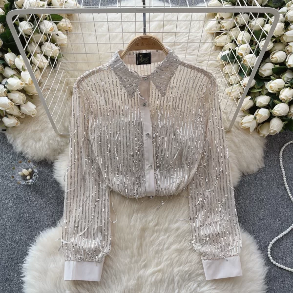 LE4031 Senior Sense Sequin Fringe Shirt Women'S Spring New Thin See-Through Gauze Blouse Shirt - Image 2