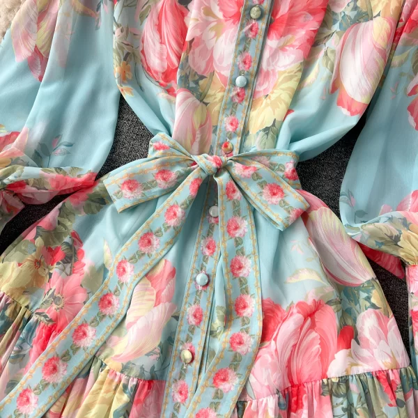 LE1937 French Court Style Long Maxi Dress Spring Women Belted Floral Print Dress Slimming Holiday Flowing Chiffon Evening Dress - Image 3