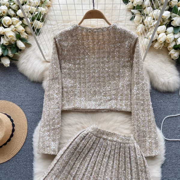 LE2103 Sweet Age Reduction Short Beaded Tweed Coat High Waist Slimming Pleated Skirt Autumn and Winter Small Fragrance Suit - Image 4