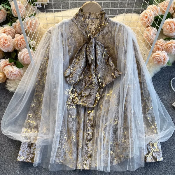 LE4040 Style Gauze Lantern Sleeve Loose With Retro Snakeskin Pattern Socialite Temperament Blouse Blouse - Image 4