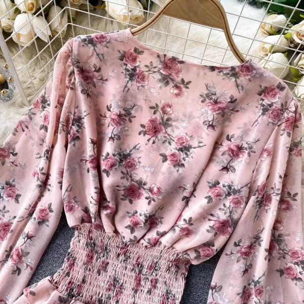 LE4015 Chiffon Long Sleeve Shirt Women'S Waist Slimming Temperament V-Neck Slim Short Puffed Sleeves - Image 5
