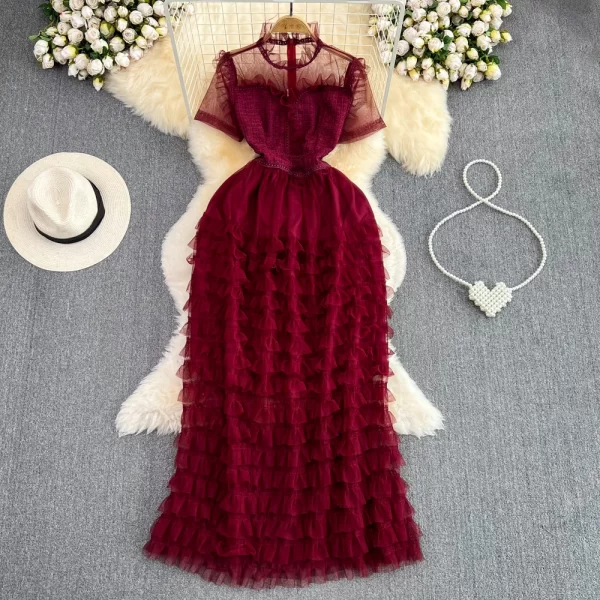 LE2146 Summer Vintage Style Socialite Party Tulle Evening Gown Stand Collar Lace Patchwork A-Line Cake Dress Elegant Long Dress - Image 5