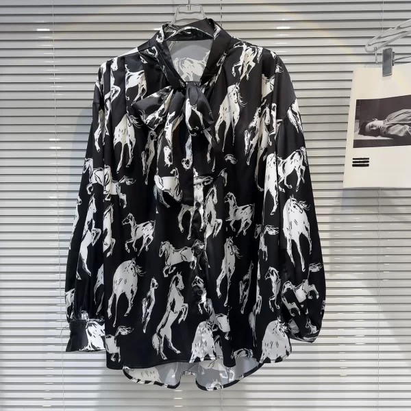 LE2057 New Niche Horse Print Pattern Strap Sunblock Glass Silk Shirt - Image 2