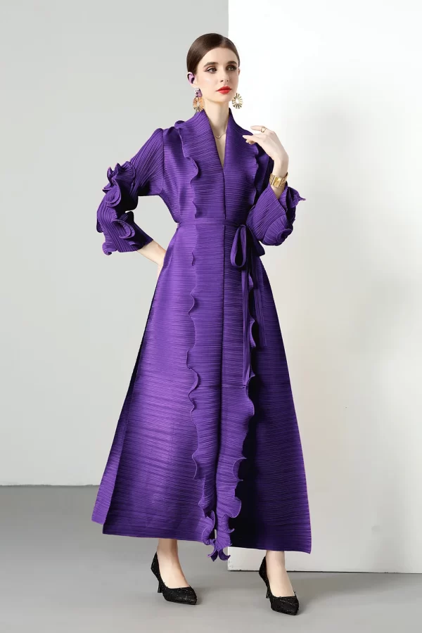 LE1751 Miyake Pleated Long Petal Sleeve Dress Lapel Cardigan Sashes Loose High Long Dress Fall Winter Women Designer Clothes - Image 3