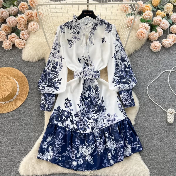 LE1916 2025 Vintage Majolica Printed Evening Dress Sweet V-Neck Belted Peplum Ladies Holiday Office Party Mini Casual Dress