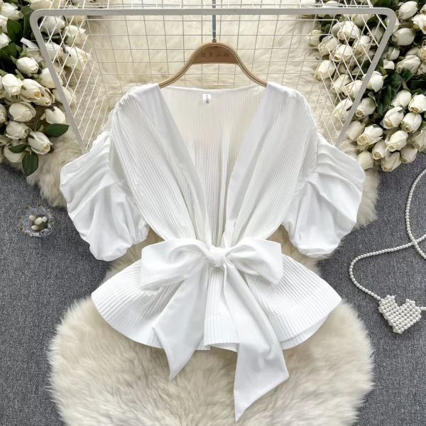 LE4036 Design Sense Pleated Bubble Sleeve French Shirt Lady Sweet Bow Waist Folding Lotus Leaf Pleated Blouse Lady - Image 5