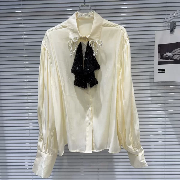 LE2048 New Small Fragrance Style Sequin Pearl Bow Embellished Solid Color Chiffon Shirt