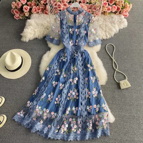 LE2139 Elegant Embroidery Midi Women'S Dress Chic Mesh Fairy Sweet Dress Luxury Holiday Dinner Dress Flowing Tulle Gown