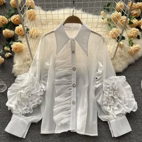 LE4034 New Niche Design Sense Lapel Single Breasted Ruffled Edge Splicing Personality Loose Western Style Shirt Woman - Image 3