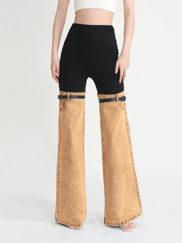LE1078 Spring New High-Waisted Splicing Personality Design Denim Pants Women's Straight Flared Pants - Image 6