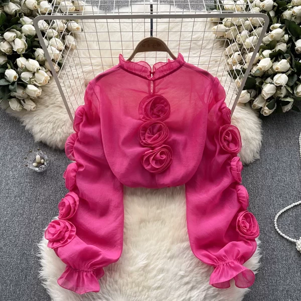 LE4024 Light Luxury Girl Style Lantern Sleeve Shirt Women'S Gauze Three-Dimensional Flower Loose Design Blouse