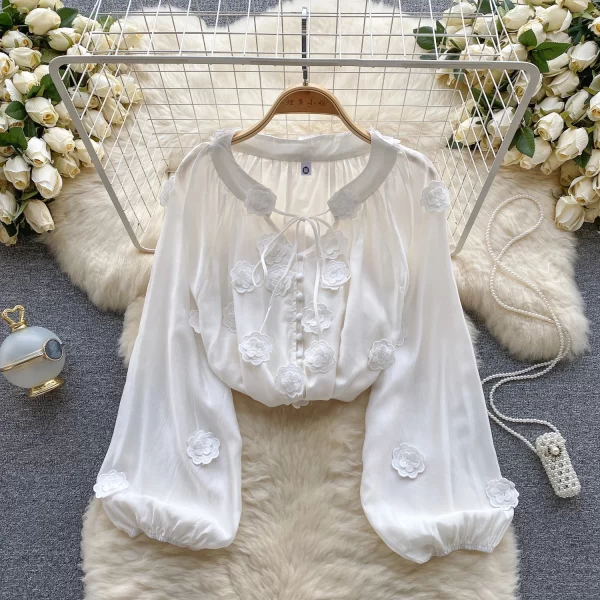 LE4037 Korean Wind Ins Sweet and Gentle Three-Dimensional Flowers Tied up Lantern Sleeve Shirt Female Loose Thin Shirt in Autumn - Image 4