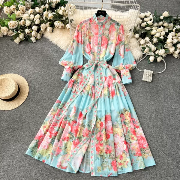 LE1937 French Court Style Long Maxi Dress Spring Women Belted Floral Print Dress Slimming Holiday Flowing Chiffon Evening Dress