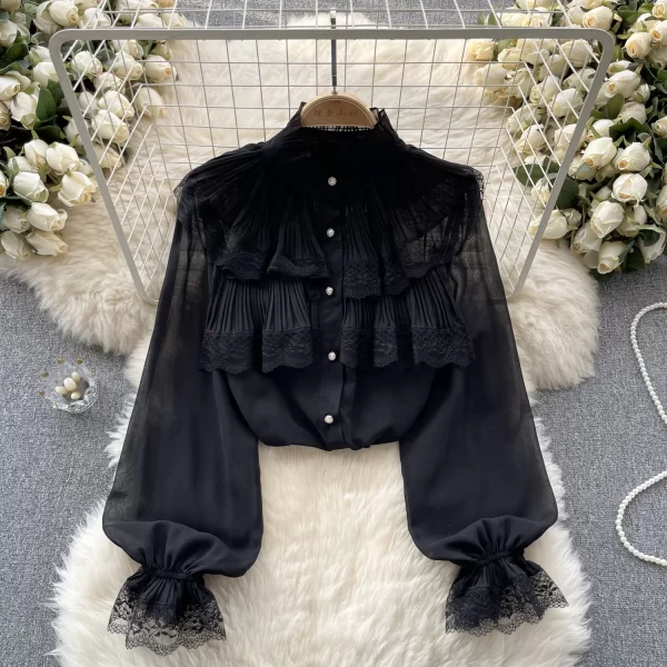 LE4019 Haruhi Blouse for Women Design Sense Heavy Pressed Ruffled Sweet Lace Lace Lace Flared Sleeve Chiffon Blouse for Women - Image 3