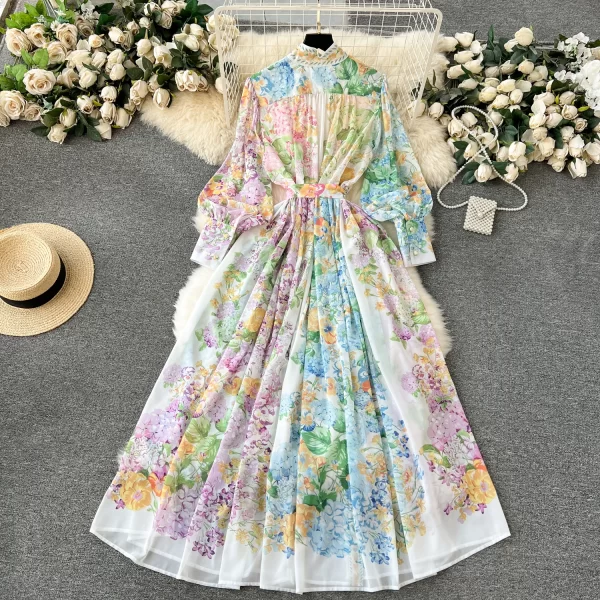 LE1903 2025 Flower Series Spring Ladies Floral Print Evening Dress Boho Holiday Stand Collar Lantern Sleeve Casual Maxi Dress - Image 2