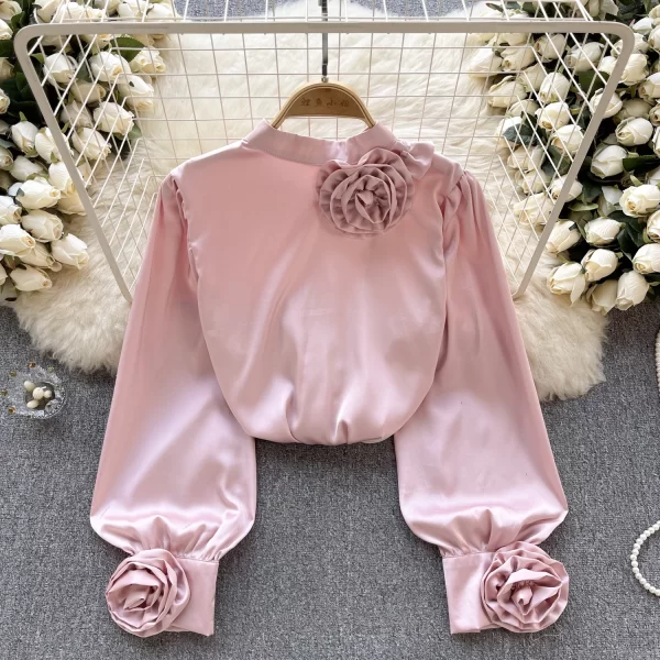 LE4039 French Shirt Women Three-Dimensional Flower Long-Sleeved Temperament Satin Shirt Spring New Top Everything