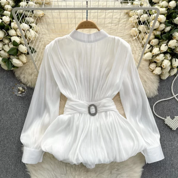 LE4043 French Vintage Blouse Women Fold Waist Slimming Lotus Leaf Swing Advanced Sense of Spring Top - Image 4