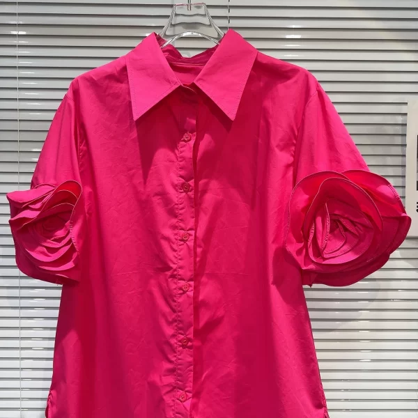 LE2054 New Small Fragrance Folds Flower Cuffs Design Solid Color Delicate Blouse