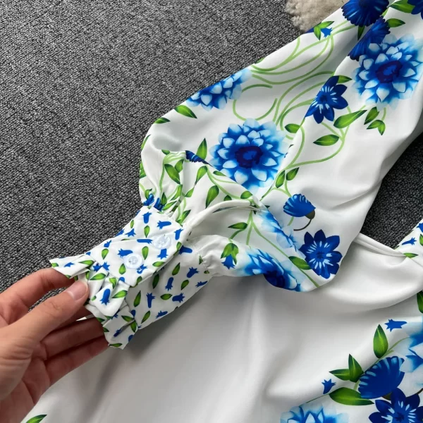 LE1453 Lantern Sleeve Floral Dress Polo Neck Lace-Up Print Gentle Wind Shirt Dress Women'S Office Holiday Wind Dress - Image 4