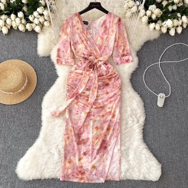 LE1914 2025 New Gentle Tie-Dye Print Dress Women Summer Fanny Pack Hip Hotsweet Dress V-Neck Sheath Midi Dress